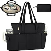 Sambois Puffer Tote Bag with Large Cup Holder& 15.6 Inch Laptop Compartment, Lightweight Puffy Work Bag with Water Bottle Pocket, Large Laptop Tote with Clutch Purse for Women Teacher Nurse (Black)