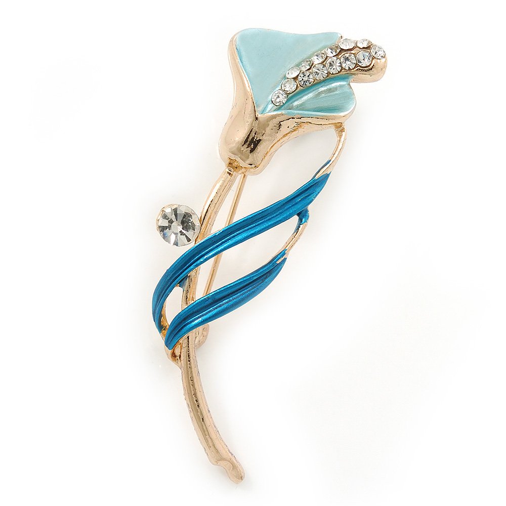 Delicate Light Blue/Teal Crystal Calla Lily Brooch In Gold Plating - 55mm L