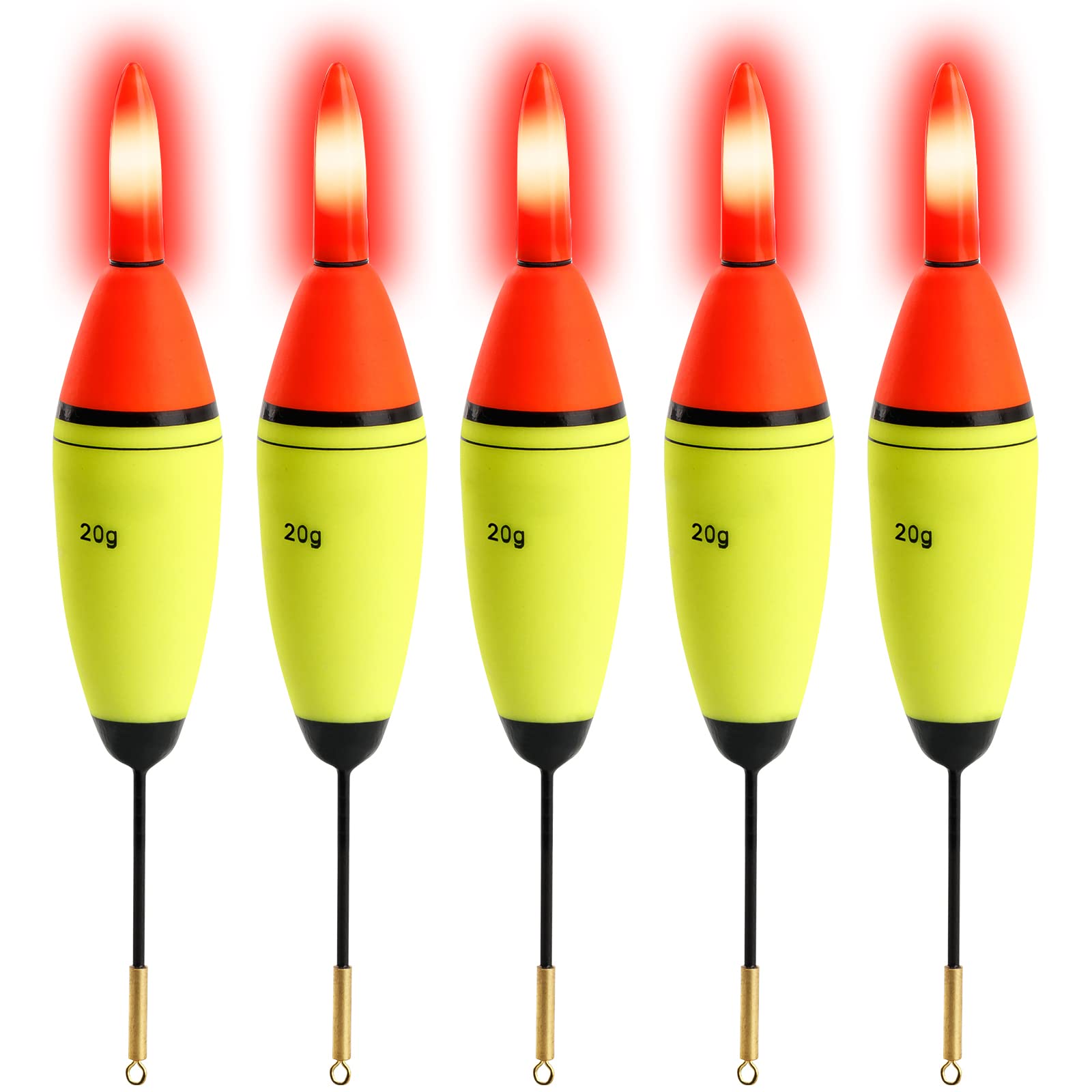 QualyQualy 5 Pcs EVA Foam Fishing Floats + 10 Pcs Glow Sticks Long Vertical Luminous Night Fishing Floats For Carp Bass (LED Bobbers -20g buoyancy)