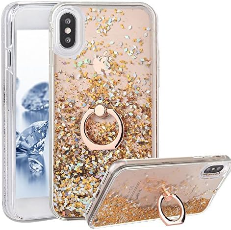 iPhone X Case With Ring Liquid - USAcases Finger Ring Stand Holder Kickstand Moving Quicksand Slim Fit Crystal Clear Floating Luxury Glitter Sparkle Diamond for iPhone X (Diamond Gold)