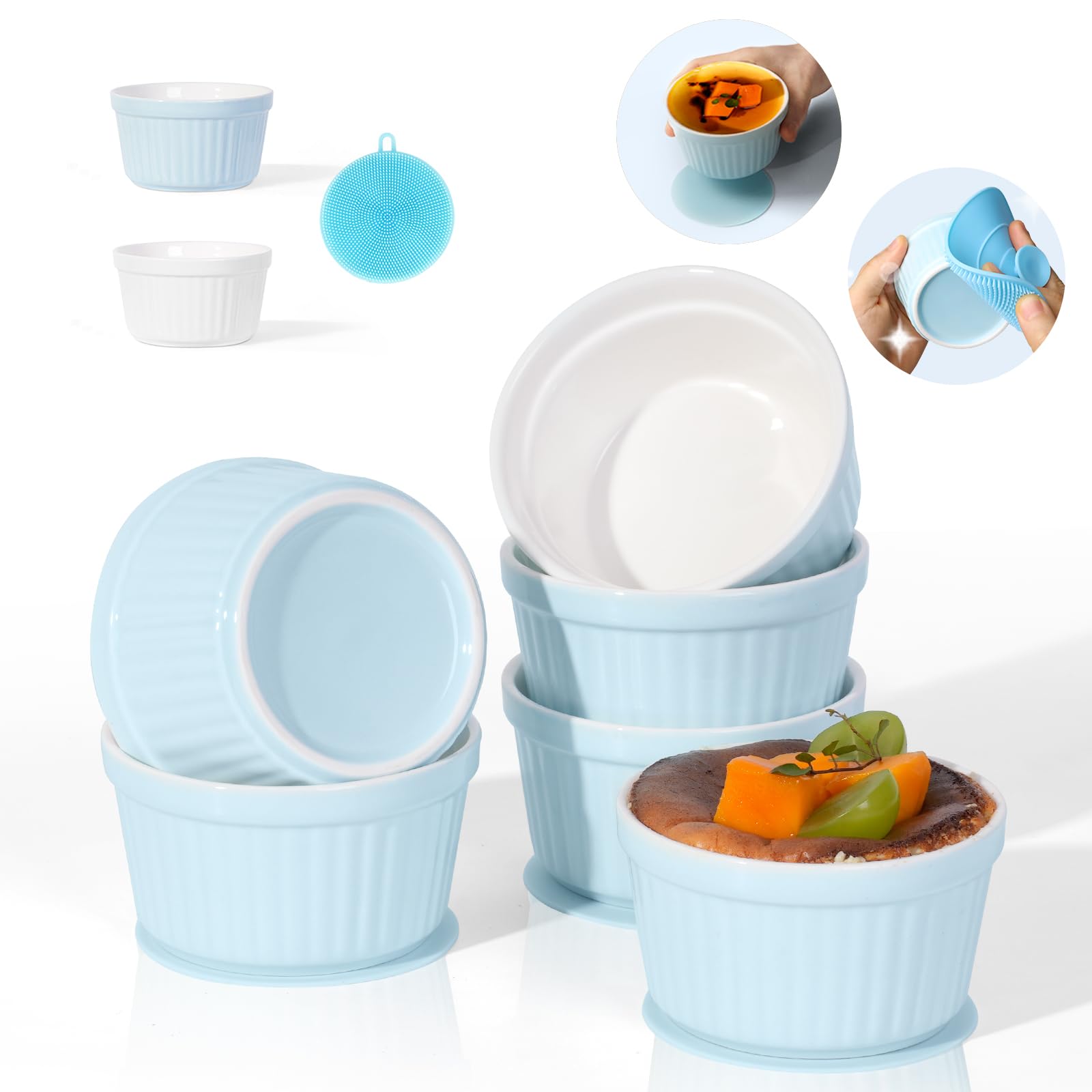 Highkit Ramekins Set of 6, 200ml - 7oz Porcelain Ramekins, Ceramic Souffle Dishes, Ramakins Oven Proof, 9cm Creme Brulee Dish for Cakes,Pudding,Ice Cream and Sauce,Air-fryer Safe,Blue