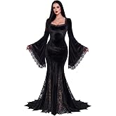 PARTY TELLER Vampire Costume Women, Gothic Black Lace Long Dress | Velvet long dress with lace flared trumpet sleeves, mermaid fishtail gown with lace panels, elegant witch cosplay maxi dress