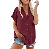 Womens Button Down Casual Shirts Cotton Short Sleeve Blouses Solid Summer Tops with Pocket