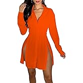 shengfan Women's Casual Long Sleeve Button Down Shirt Dress Collar V Neck Loose Slit Sexy Blouse Mini Dresses