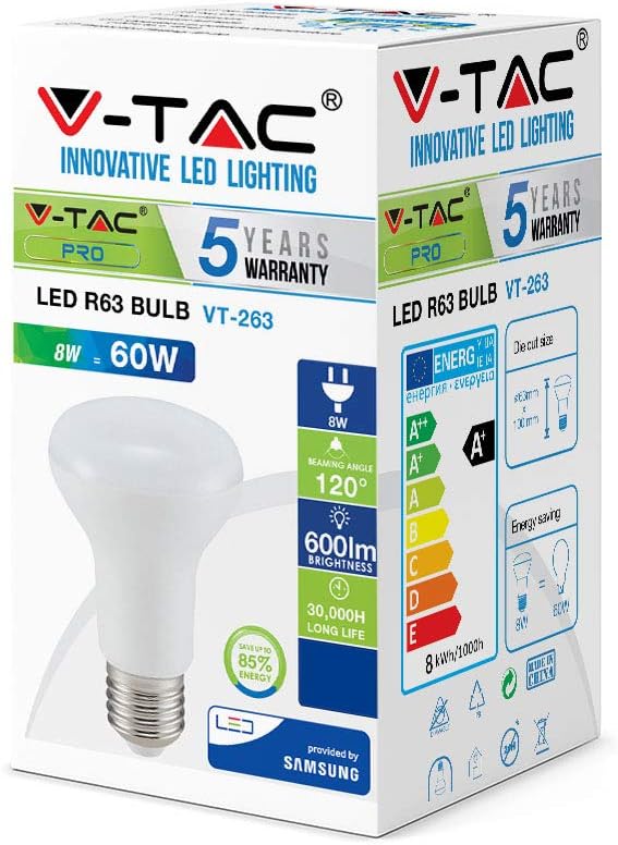 V-TAC 141 VT-263 8w LED R63 Spot Bulb (3000K, Samsung Chip, ES, E27, 60w), White - Image 4