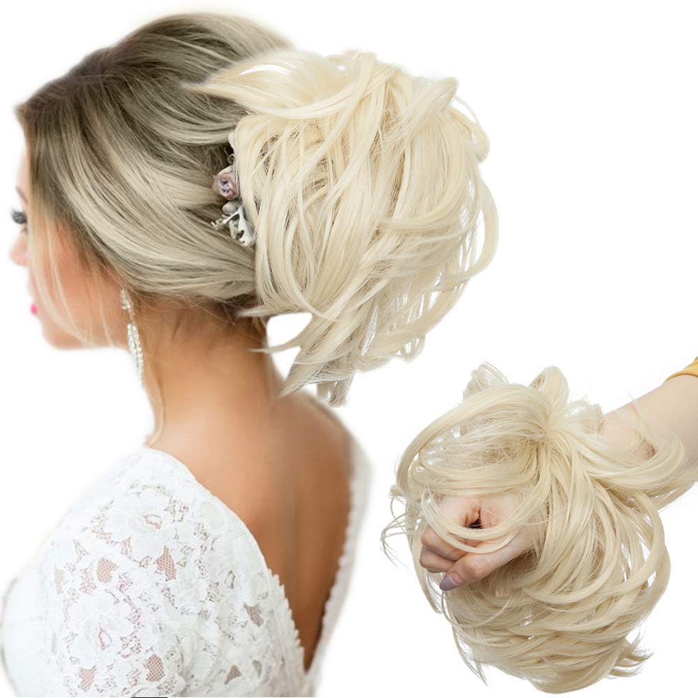 Large Updo Messy Bun Hair Extension Wavy With Elastic Rubber Band 80G Synthetic Thick Chignon Donut Ponytail Hairpiece For Women, Bleach Blonde