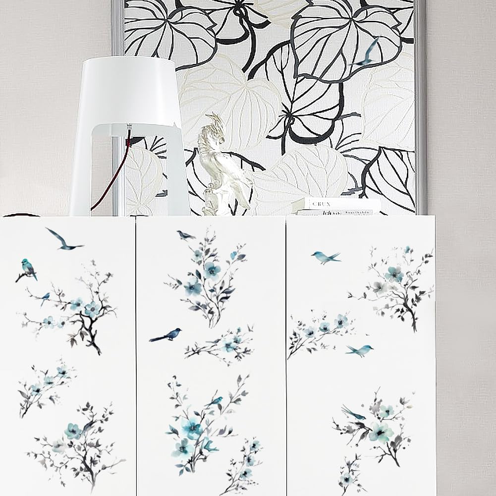 PLIGREAT 3 Sheets Ink Flower Branches Rub on Stickers for Furniture Wood Wardrobe Door Table DIY Decor Sticker Chinese Painting Decoration Transfers