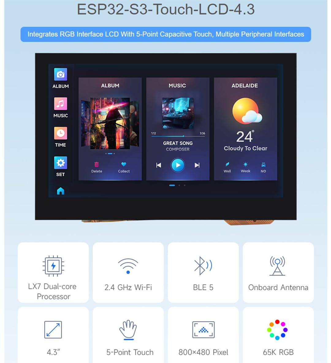 4.3inch Capacitive Touch Screen Onboard ESP32-S3 Microcontroller Development Board, 800x480 Pixels, Support 2.4GHz WiFi and BLE 5, with Sensor/CAN/RS485/I2C Interfaces for Peripherals Expansion