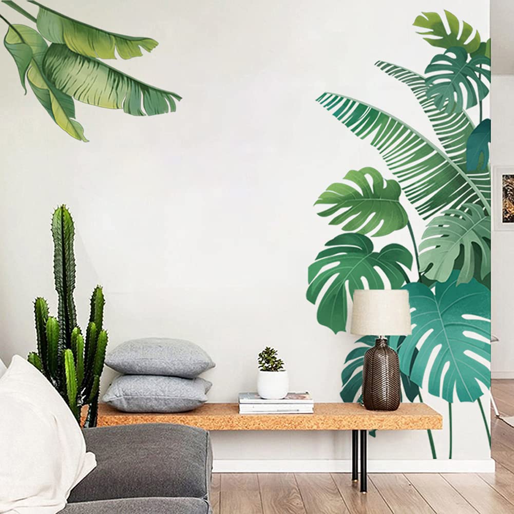 Runtoo Palm Tree Leaves Wall Decals Tropical Green Plants Leaf Wall Stickers Living Room Bedroom Wall Decor