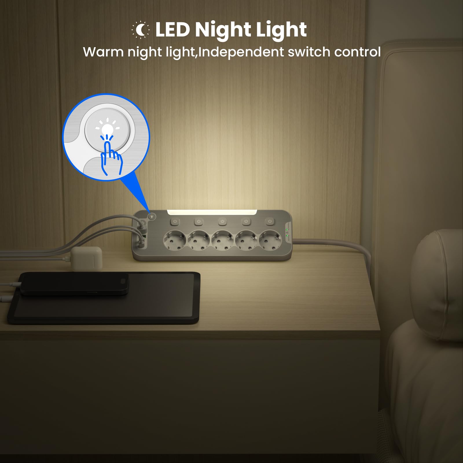 Tischsteckdose mit USB,5-Fach Steckdosenleiste Einzeln Schaltbar,Ecksteckdose Küche und Büro,Wandmontage Mehrfachsteckdose mit Schalter,Metall Steckerleiste Überspannungsschutz 2M Kabel,Weiß 4