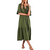 Mieazom Short Sleeves Maxi Dress for Women A Line Summer Dress V Neck Casual Loose Tiered Long Dresses with Pockets