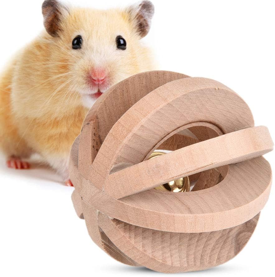Pssopp Pet Wooden Chew Ball Hamsters Chew Toys Pet Teeth Chewing Toy Ball with Ringing Bell for Rabbits Guinea Pigs