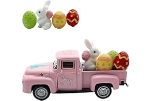 Pink Easter Decorations,Vintage Metal Truck with Easter Eggs and Bunny,Farmhouse Tiered Tray Decor,Spring Miniature Pickup Tr