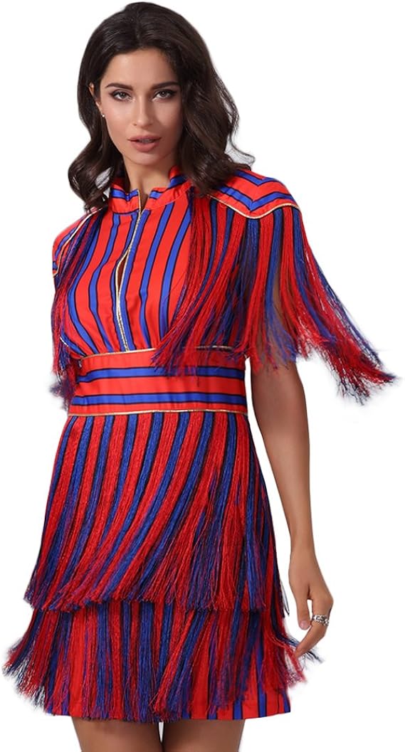 Uonbox Women S Short Sleeves Red And Blue Striped Tassel Fringe