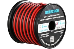 BNTECHGO 12 Gauge Flexible 2 Conductor Parallel Silicone Wire Spool Red Black High Resistant 200 deg C 600V for Single Color LED Strip Extension Cable Cord,Model,25ft Stranded Tinned Copper Wire