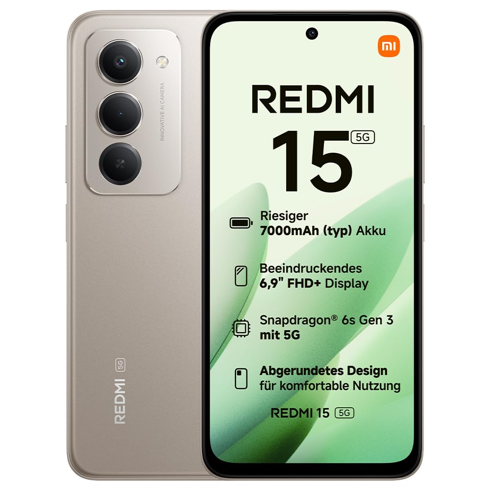 XIAOMI Redmi 15 5G, Smartphone 8+256GB, 6,9" FHD+ DotDisplay 144Hz, Snapdragon® 6s Gen 3, 6nm-Prozess, Octa-Core-CPU, 50MP Hauptkamera, 7000mAh, Titan