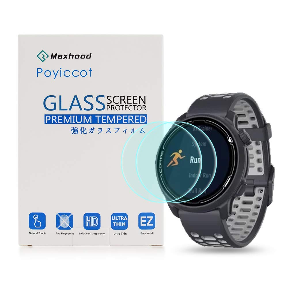 Maxhood for COROS Pace 2 Screen Protector, 2 Pack Screen Protector for COROS Pace 2 0.3mm Ultra-Thin 9H Hardness Anti-Fingerprint 2.5D Round Edge WatchTempered Glass for COROS Pace 2