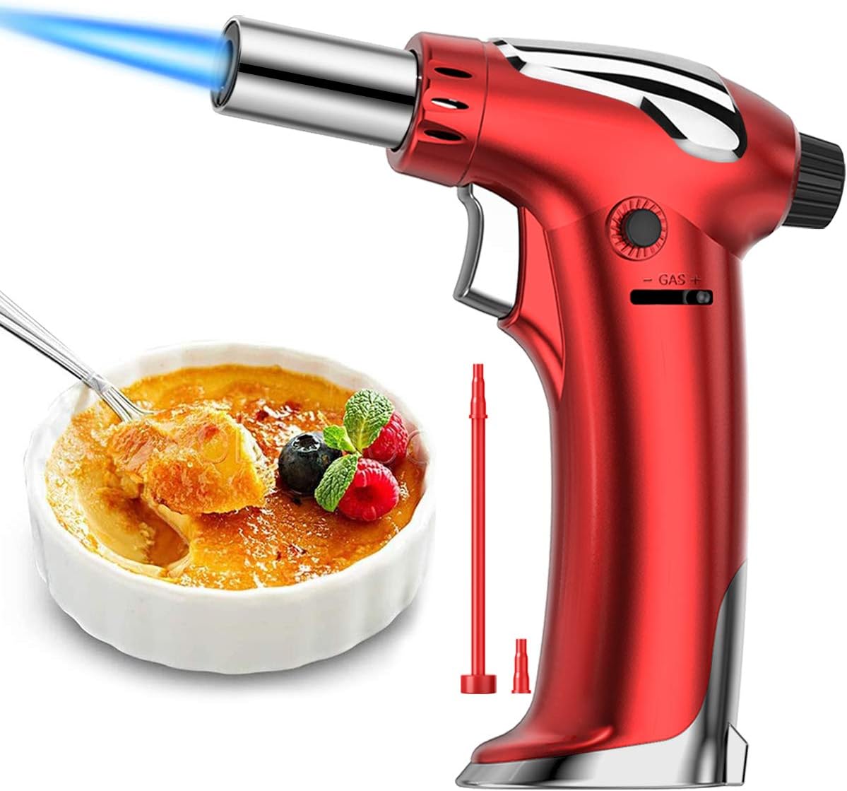 XIMU Flambierbrenner Küchenbrenne, Gasbrenner Butan Nachfüllbar Verstellbar mit Sicherheitsschloss Flambierbrenner für Brenner Creme Brulee, Desserts, BBQ, Camping (Butan Inbegriffen Nicht) (Rot)