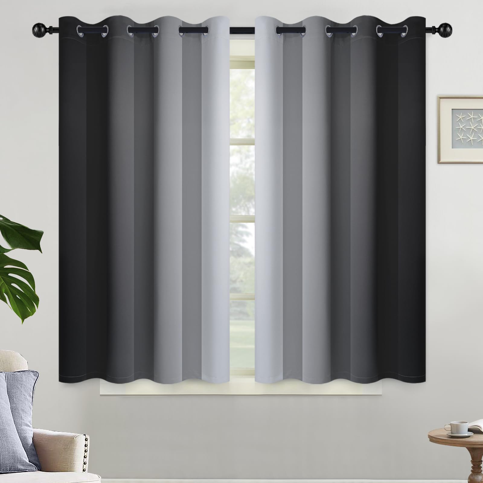 Yakamok Light Blocking Ombre Curtains, Greyish White and Black Gradient Color Curtains, Room Darkening Grommet Window Drapes for Bedroom(Black, 52x45 Inch, 2 Panels) Image
