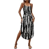 RoseSeek Women's Spaghetti Strap Tie Dye Cami Sun Dress Scoop Neck Split Thigh Beach Midi Dresses Knot Front Vacation Outfit