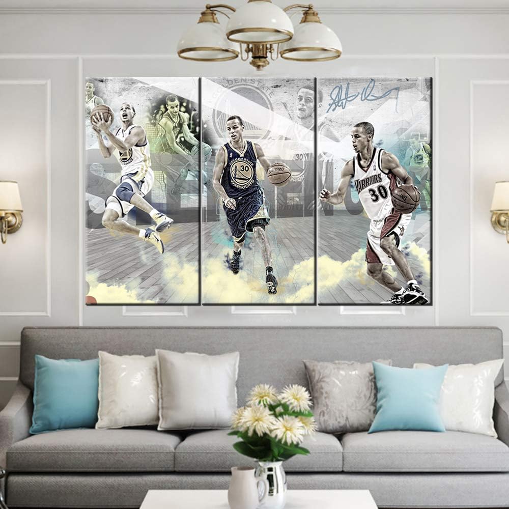 Patriotic Artwork for Bedroom NBA Sports Golden State Warriors Pictures Stephen Curry Paintings 3 Panels Canvas Wall Art Modern Home Decor Framed Ready to Hang Poster and Prints - 40 x 20 inch x 3