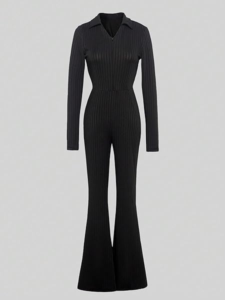 COZYEASE GIRLS’ FLARE LEG ONE PIECE JUMPSUIT LONG SLEEVE RIBBED KNIT ZIP UP COLLAR V NECK ROMPER JUMPSUIT FALL OUTFITS BLACK 12-13Y-CEHGJ20240925