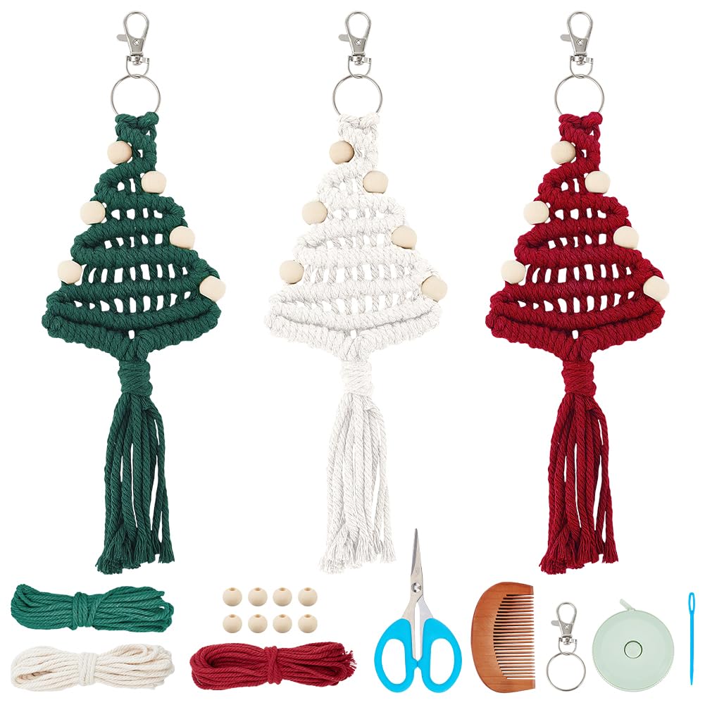 WEBEEDY 3 Set Macrame Keychain Christmas Tree Kit DIY Christmas Craft Kits with Macrame Beads, Macrame Supplies Car Hanging Ornament for Christmas Party Gifts Favor Mini Purse Key Pendant Phone Wallet