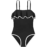 TyeSmo Girls Swimsuit Ruffle One Piece Swimsuits Solid Color Bathing Suit for Teens Contrast Trim Swimwear 9-16Y with Padded