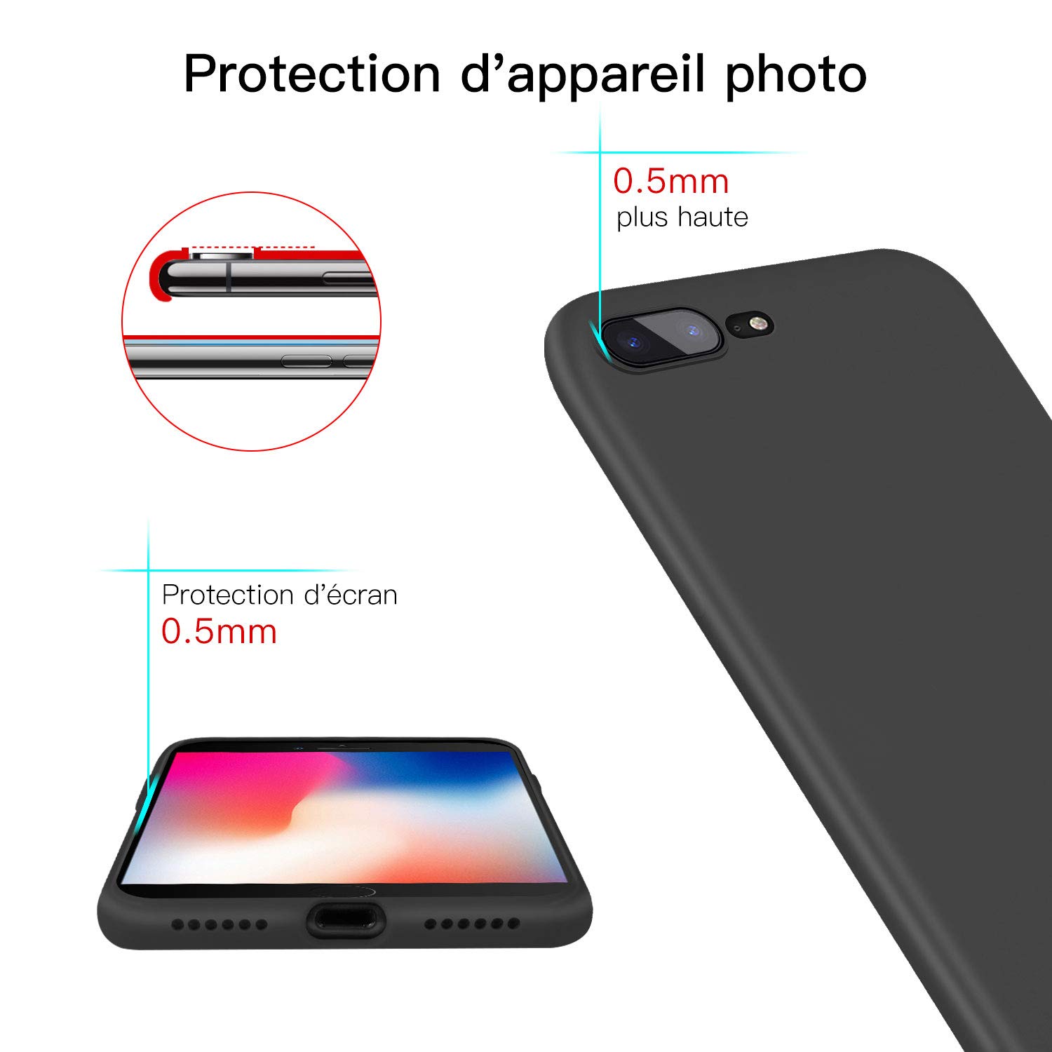 ProBien Coque pour iPhone 7 Plus / 8 Plus, Silicone Ultra Fine Housse avec Verre Trempé Gratuit Case Anti-Rayures Protection Complète Cover Mince Léger Étui de iPhone 7 Plus / 8 Plus - Noir