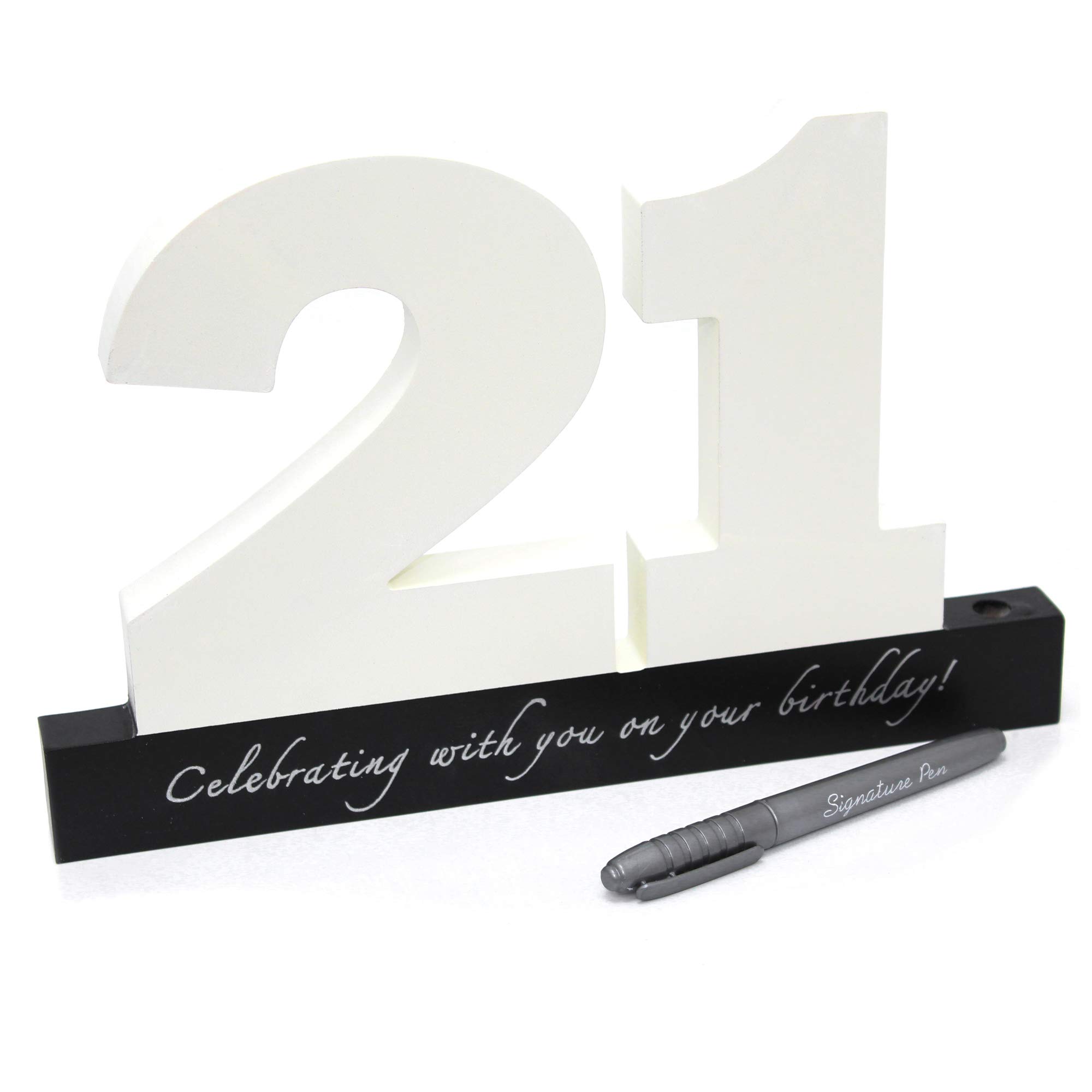 Carousel Home and Gifts Birthday signature plaque, signature numbers 21 birthday keepsake ~ White wooden number blocks with pen included, happy 21st birthday plaque, guest book sign