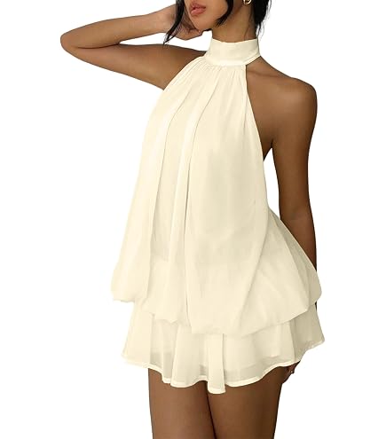 brunch dresses amazon Gifts Summer V-Neck Ruffle Short Sleeve Casual Solid Aline Swing Dress White Linen Dress (XS, Beige) at Women's Clothing store Brunch Time Floral Dress 