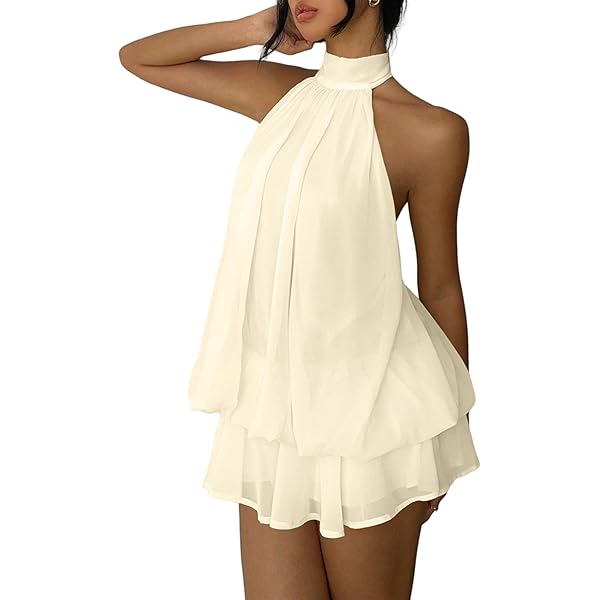 Amazon.com: Verdusa Women's Chiffon Halter Drop Waist Wedding Guest Dresses  Ruffle Summer Loose Fit Mini Dress Brunch Outfits Black X-Small : Clothing,  Shoes & Jewelry