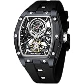 MF MINI FOCUS Unique Men Watches,Automatic Mechanical Watch,Luxury Hollow Tonneau Watches for Men with Stainless Steel Case and Silicon Band (Self-Wind Movement/5ATM Waterproof/Super_Luminous)