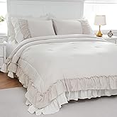 Boho Comfrter Set King Size Beige Bedding Set Shabby Chic Down Comforter 2 Layers Ruffles Home Decor Farmhouse Quilt Set Ultra Soft Microfiber White Cream Bohemian Bed Set for Girls Women