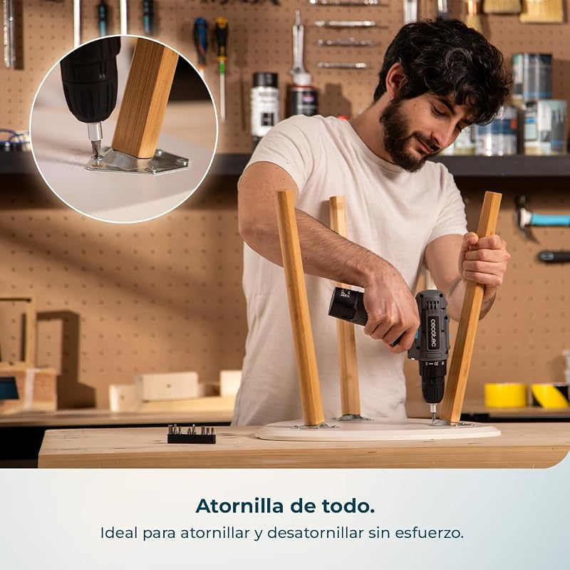 Taladro a Batería PowerForce 1000. 12V 2000mAh, 2 Velocidades 400/1400rpm, Par de Apriete 28Nm en 20 Niveles, Luz LED, Cambio de Broca sin Llave, Diseño Ergonómico, Incluye Puntas y Brocas