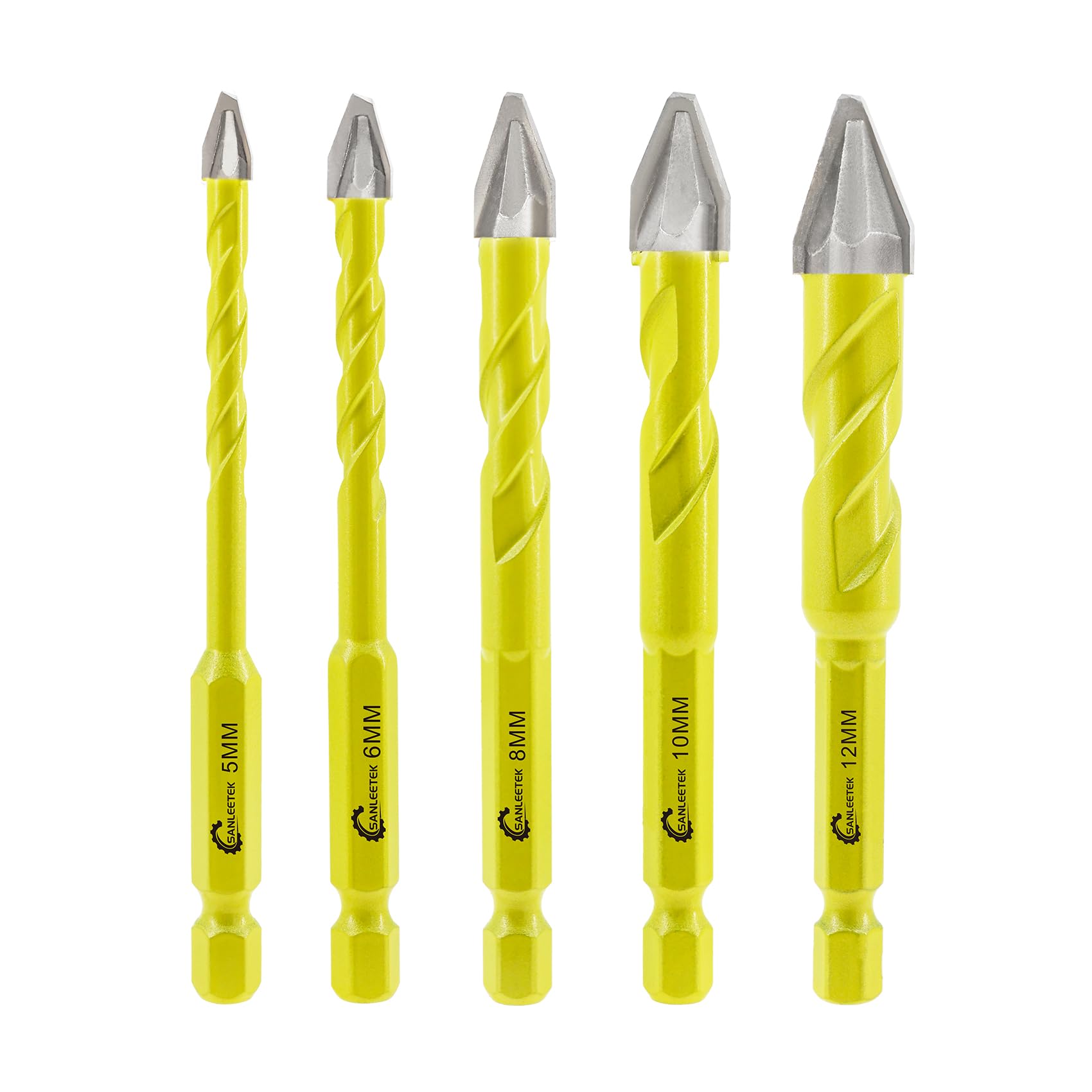 Skewed Head Eccentric Drill Bits Set - SANLEETEK Masonry Drill Bit Set for Wood Plastic Masonry Ceramic Tile Concrete Marble 5pcs 5/6/8/10/12mm, Quick Change Hex Shank