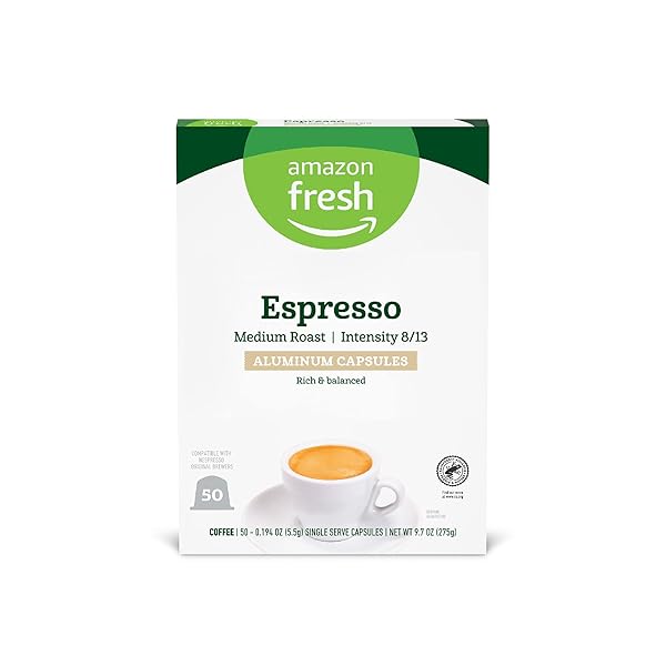 AMAZON FRESH ESPRESSO MEDIUM ROAST ALUMINUM CAPSULES, COMPATIBLE WITH NESPRESSO ORIGINAL BREWERS, INTENSITY 8/13, 50 COUNT (5 PACKS OF 10)