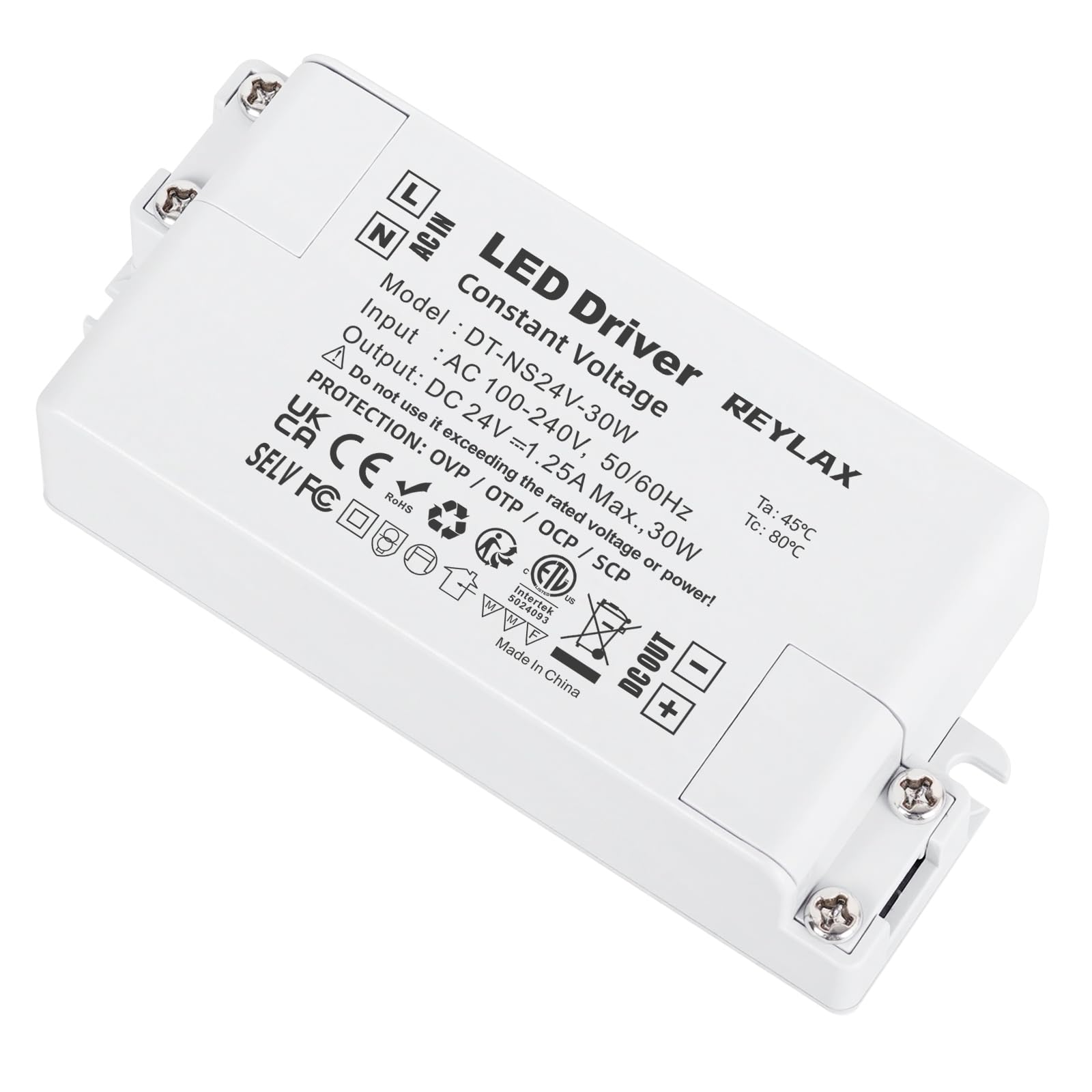REYLAX LED Driver 24V 30W 1.25A, Transformer 240 to 24V DC, Constant Voltage Power Supply Adapter, Low Voltage Transformer, Electronic Converter for Strips, Light Bulb