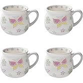 temp-tations by Tara Ceramic Coffee Mug Set of 4 in Colorful All A-Flutter - 12 Oz Spring Stoneware Coffee Mugs, Hand Painted Colorful White Tea Cups, Durable Microwavable Farmhouse Cappuccino Cups
