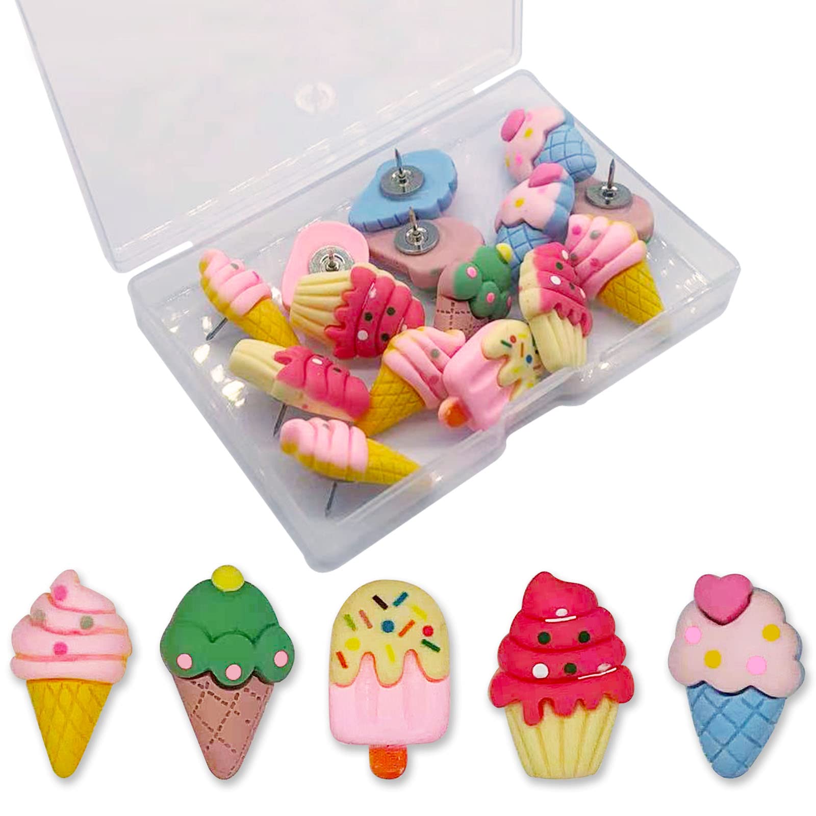 Cute Ice Cream Drawing Pins Decorative Push Pins for Cork Board 15 Pcs Ice Cream Thumb Tacks for Wall or Bulletin Board Summer Style Resin Photo Maps Thumbtacks Home Office Wall Supplies