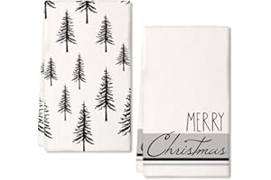 ARKENY Christmas Dish Towels for Christmas Decor Black Xmas Tree Kitchen Towels 18x26 Inch Grey Stripe Washcloths Seasonal Merry Christmas Hand Towel for Bathroom Set of 2 AD015