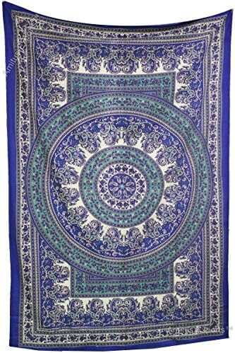 Amitus Exports(TM) Premium Quality 1 X Hand Block Print Blue Purple Multi Color Twin Size 77"x53"(Approx.) Inches Handmade Tapestry 100% Cotton Fabric Hippy Indian Mandala Throws (Handmade In India)