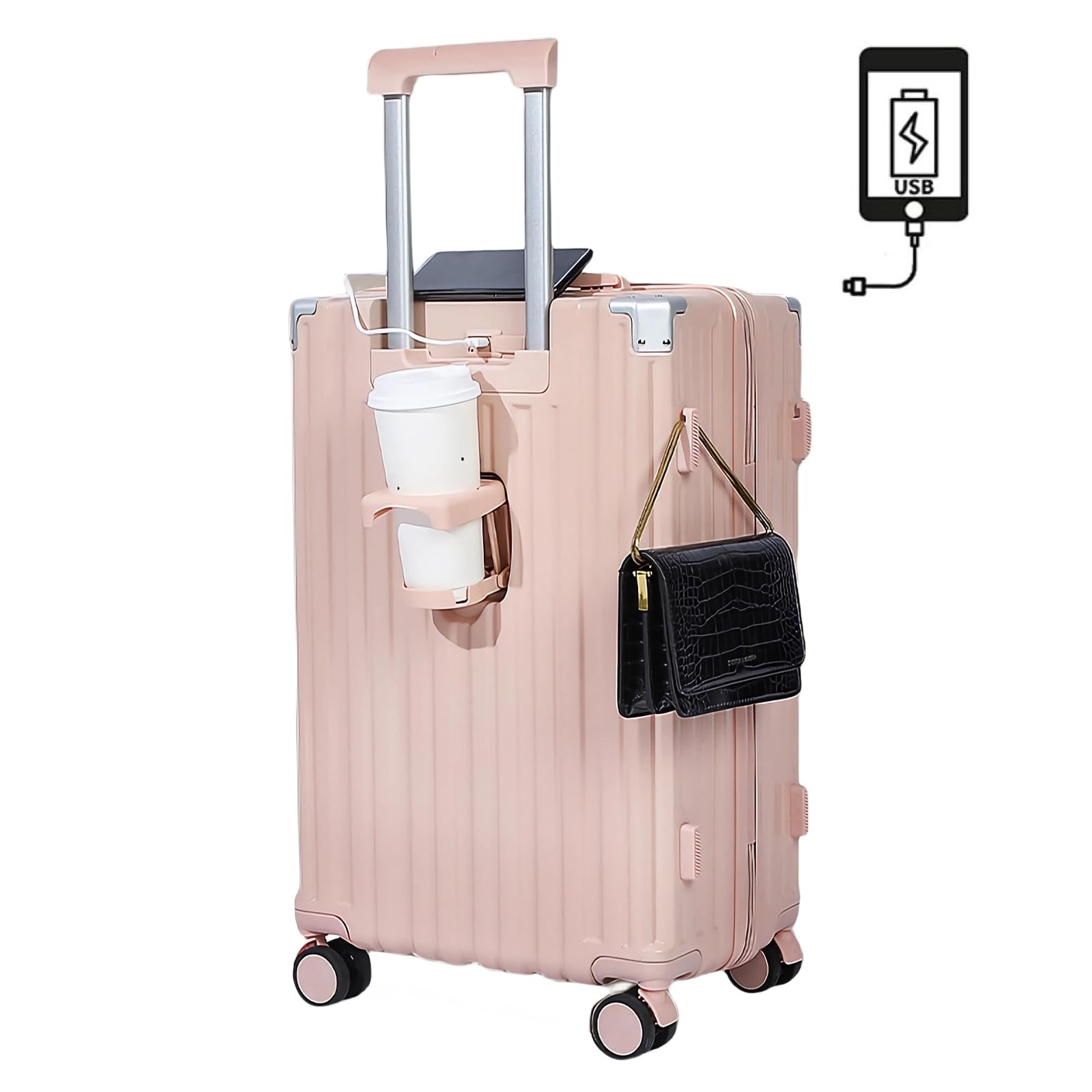 [SUPBOX] スーツケース 機内持ち込み キャリーケース USBポート付き キャリーバッグ カップホルダー付き 隠しフック機能 充電機能 大型 静音 ダブルキャスター 耐衝撃 360度回転 軽量 修学 泊まる 旅行 出張 (Sサイズ/39L/機内持込, ピンク)商品画像
