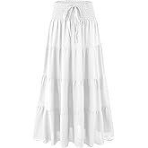 MJBGSHOW Womens Ruffle Maxi Skirts:High-Waist Elastic Pleated Long Skirt-Summer Casual Boho Flowy Skirts with Drawstring