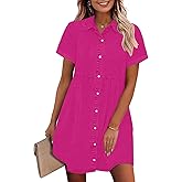 GRAPENT Denim Dress for Women Babydoll Tiered Short Sleeve Button Down Jean Shirt Dresses