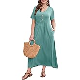 LARACE Womens Plus Size Short Sleeve Dresses Casual V Neck Button Up Pleated Flowy Long Maxi Dress with Pockets L-6XL