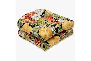 Pillow Perfect Tropic Floral Indoor/Outdoor Chair Seat Cushion, Tufted, Weather, and Fade Resistant, 19" x 19", Black/Green Clemens, 2 Count