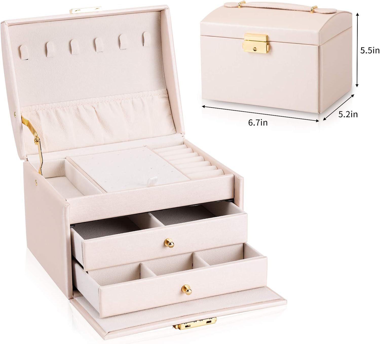 DEZZIE Women's Jewelry Box, Senior PU Leather, 3 Layer Medium Sized Jewelry Storage Box with Lock. Portable Travel Jewelry case for Earrings Bracelets Rings-Light pink: Home Improvement