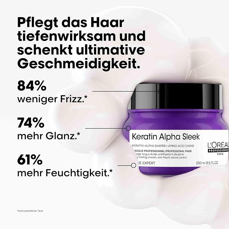 L'Oréal Professionnel Keratin Alpha Sleek Maske, für tiefenwirksame & intensive Pflege, langanhaltende Geschmeidigkeit und Frizz- und Volumen-Kontrolle, 250ml