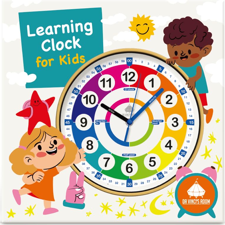 Photo 1 of da Vinci's Room 12 Inch Silent Analog Telling Time Teaching Clock for Kids, Wall Clock for Kids Learning to Tell Time for Classroom, Wall, Bedroom, Playroom, Homeschool